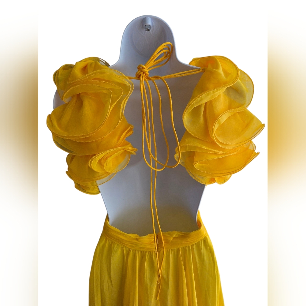 NWOT $598 Mac Duggal Ruffle Tiered Cutout Chiffon Gown Sunshine Yellow Size 2 - Picture 4 of 9